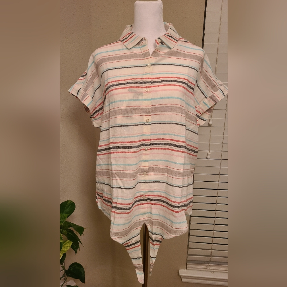 NWT Weatherproof Vintage Women's Washable Linen Tie Front Button Shirt